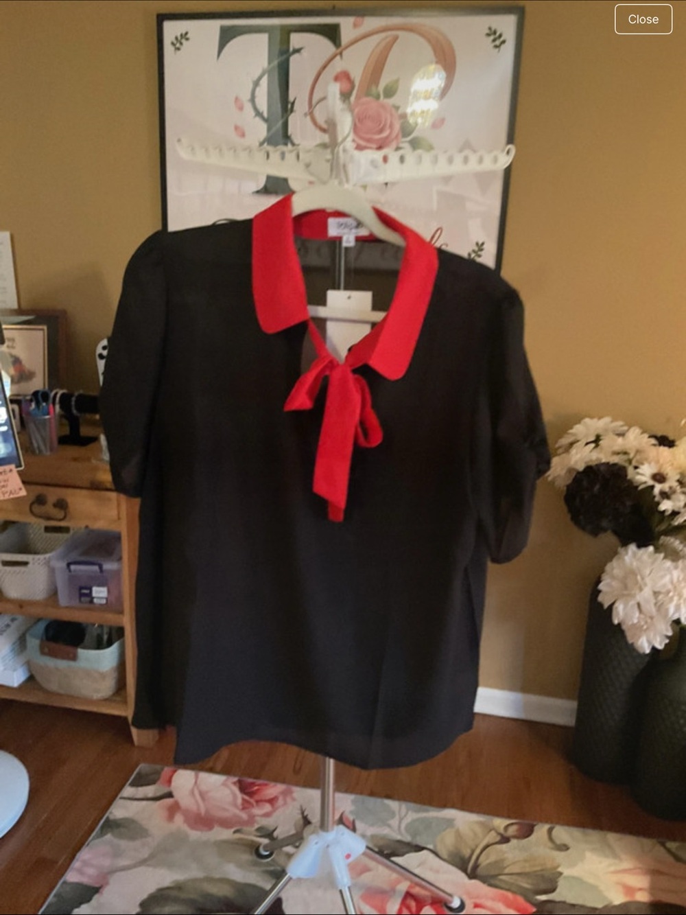 Black Sheer Bow-Front Blouse with Red Collar